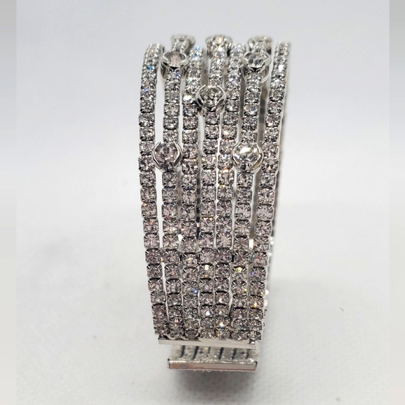 Elegant Silver Bracelet /Cuff With Clear Rhinestones - Picture 5 of 7